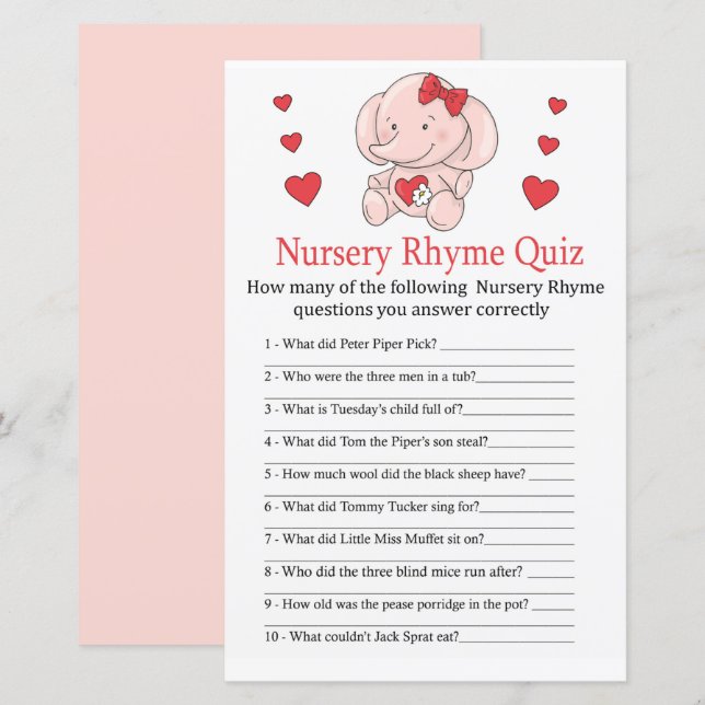 Papier Rose éléphant Nursery Rhyme jeu de baby shower (Devant / Derrière)