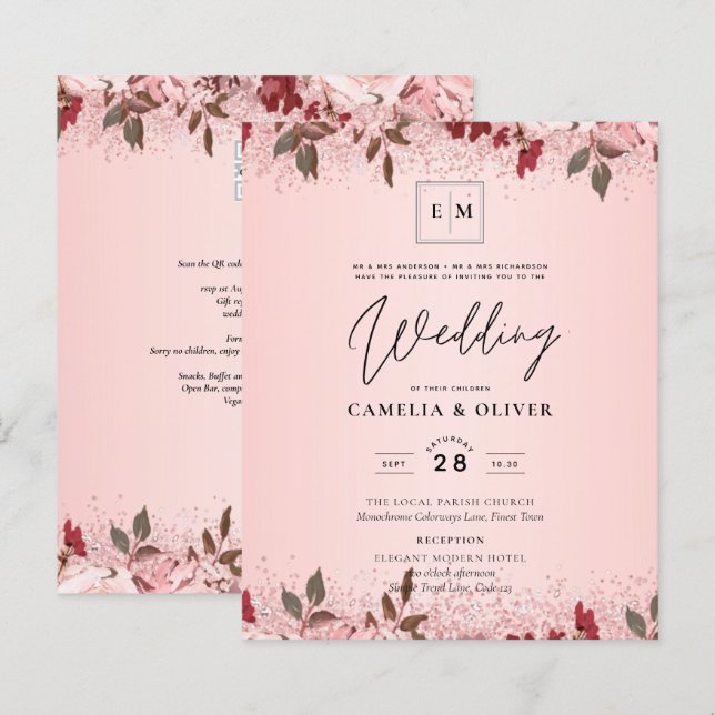 Papier Rose Gold Burgundy Rose Floral Mariage Invite (Devant / Derrière)