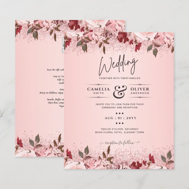 Papier Rose Gold Burgundy Rose Floral Mariage Invite (Devant / Derrière)
