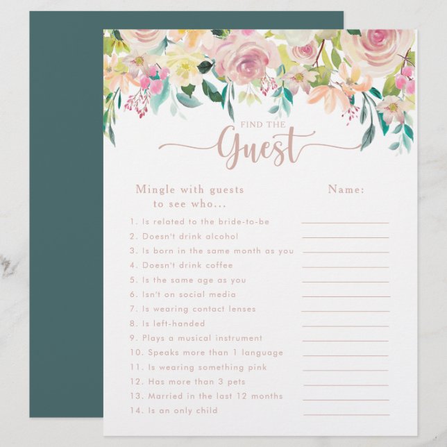 Papier Rose Gold Floral Fête des mariées Trouvez le jeu d (Devant / Derrière)