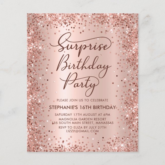 Papier Rose Gold Shhh Surprise Sweet 16 Anniversaire Invi (Devant)