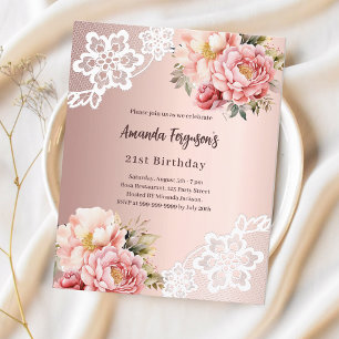 Papier Rose or rose fleurs rose dentelle invitation anniv