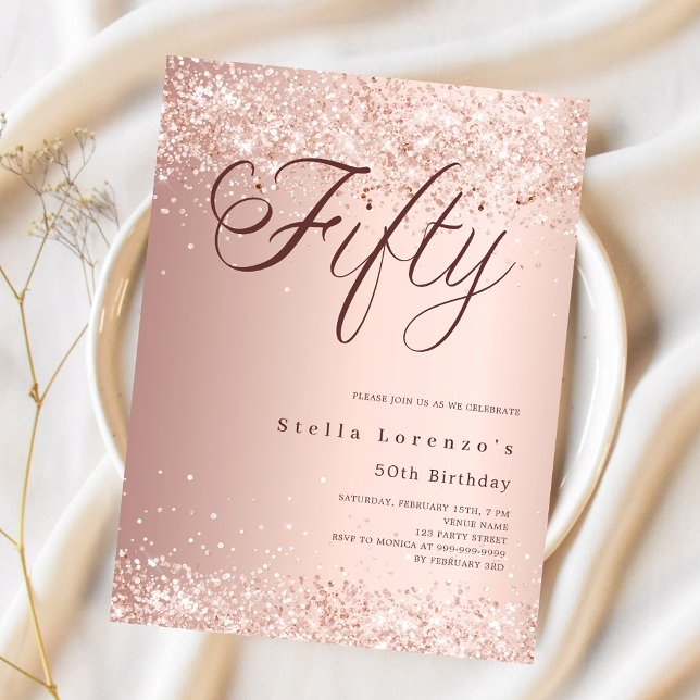 Papier Rose or script budget 50e anniversaire invitation (Créateur téléchargé)