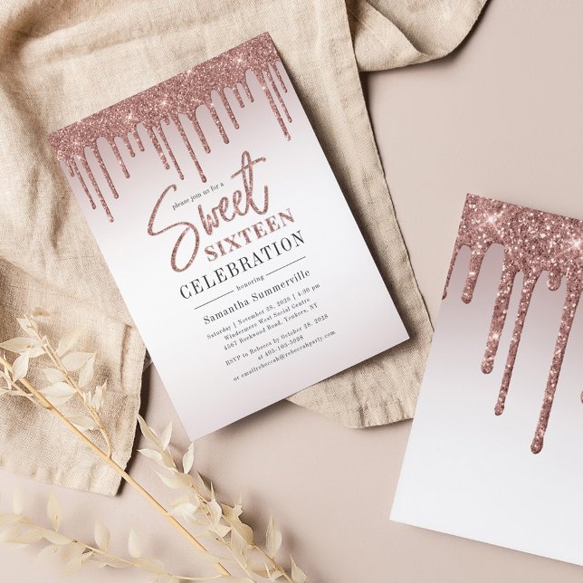 Papier Rose Parties scintillant or Drips Script Sweet 16  (Sweet 16 Birthday Party Invitation)