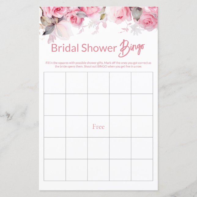 Papier Rose Pink Floral Bridal Shower Game BINGO (Devant)