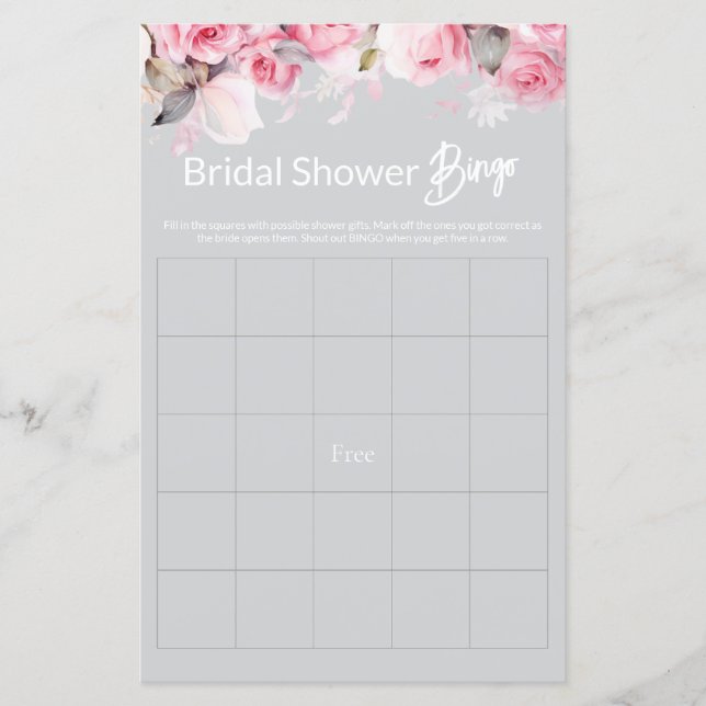 Papier Rose Pink Floral Gray Bridal Shower Game BINGO (Devant)
