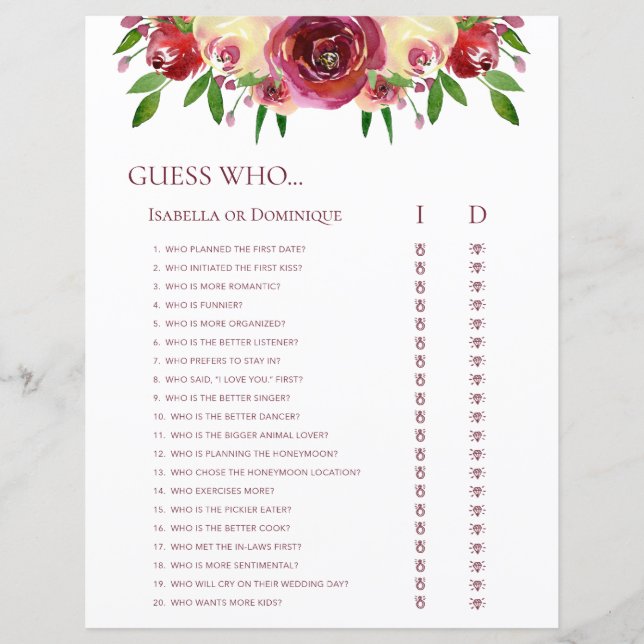 Papier Rose romantique Devinez qui Mariage Word Jeux de r (Devant)