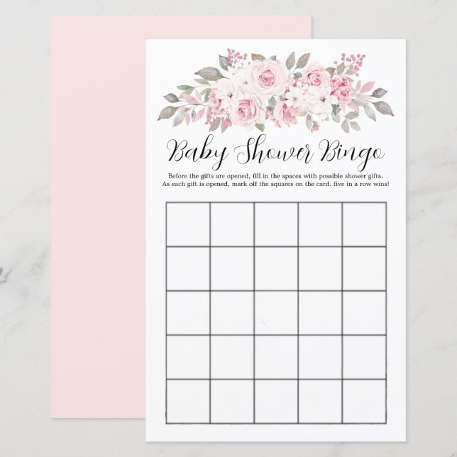 Papier Rose Rose Floral Baby shower Jeu de Bingo (Devant / Derrière)