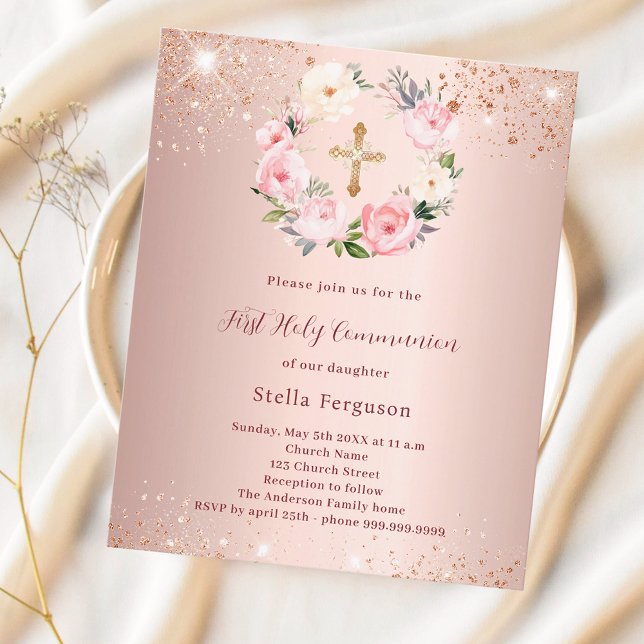 Papier Rose rose rose or floral première communion invita (Créateur téléchargé)