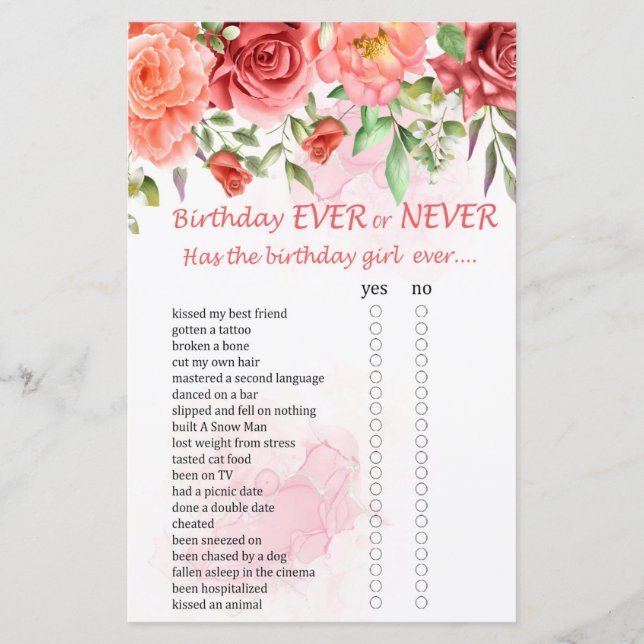 Papier Rose rouge Anniversaire Jamais ou jamais Jeu (Devant)