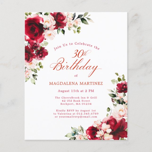 Papier Rose rouge Floral Budget Anniversaire Invitation (Devant)