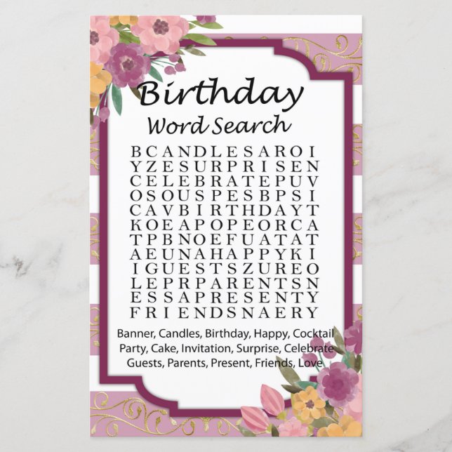 Papier Rose Stried Anniversaire jeu de recherche par mot (Devant)