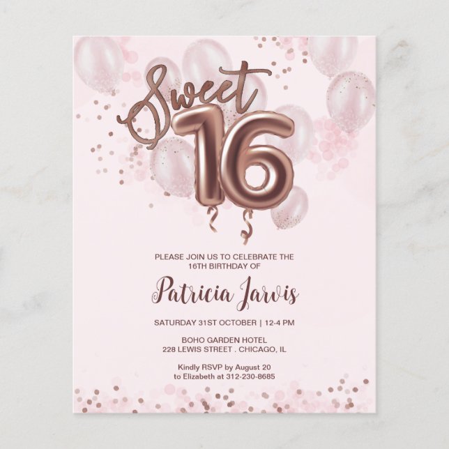 Papier Rose Sweet 16 Ballons Anniversaires Invitations Bu (Devant)