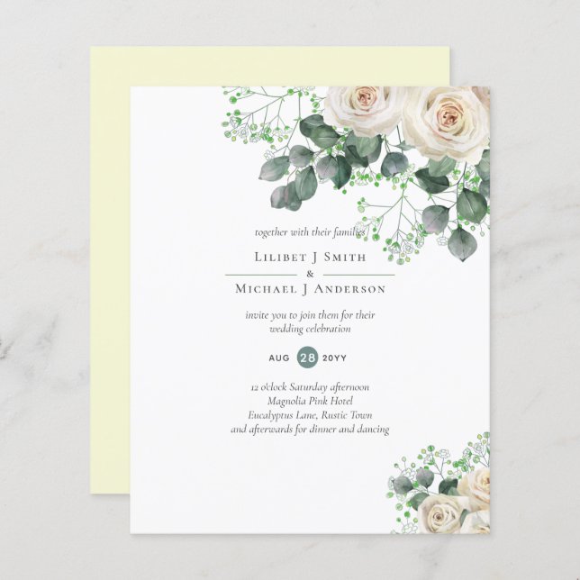 Papier Roses blanches Sage Eucalyptus Citron MARIAGE jaun (Devant / Derrière)