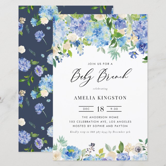 Papier Roses bleus et Hydrangea Baby Brunch Invitation (Devant / Derrière)