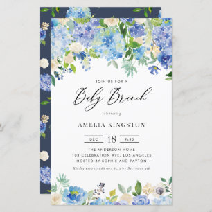 Papier Roses bleus et Hydrangea Baby Brunch Invitation