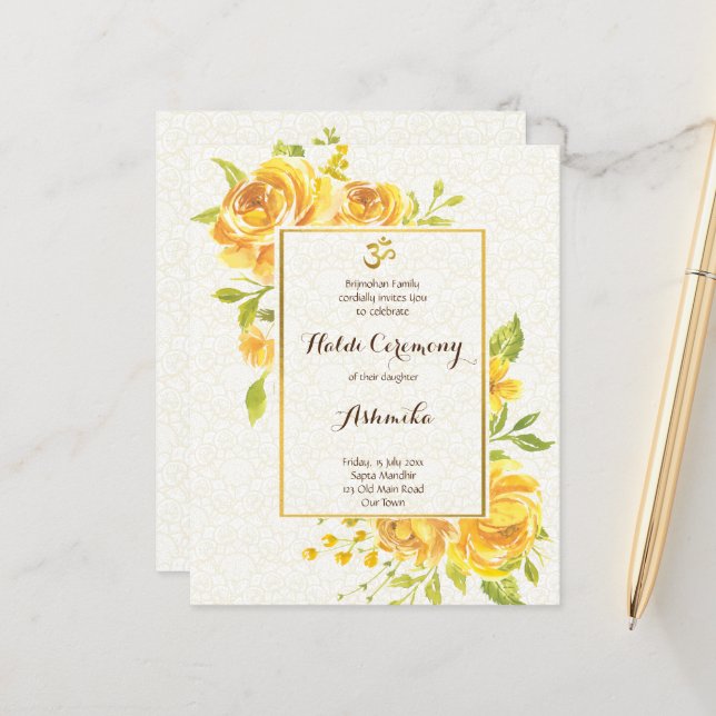 Papier Roses Jaunes Budget Haldi Invitation (Devant/Arrière en situation)