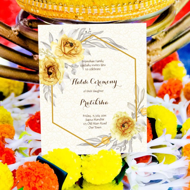 Papier Roses Jaunes géométrique Budget Haldi Invitation (Créateur téléchargé)