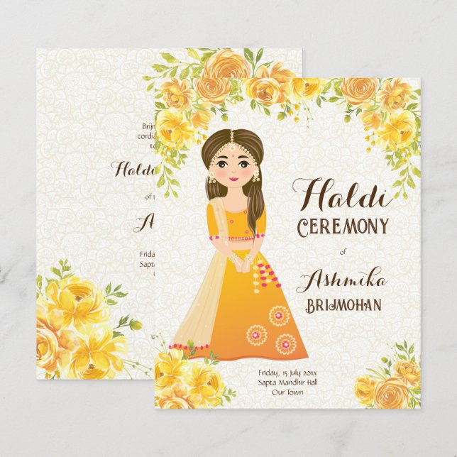 Papier Roses Jaunes mignonne fille Budget Haldi Invitatio (Devant / Derrière)