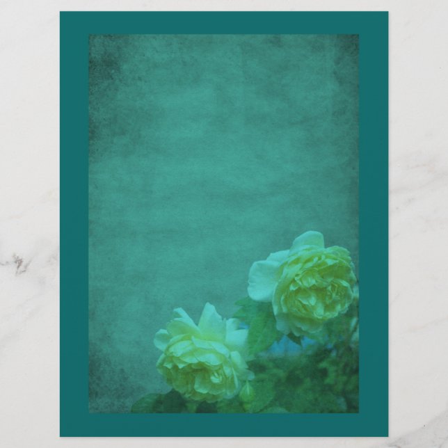 Papier Roses jaunes vieilles Aqua Blue Floral (Devant)