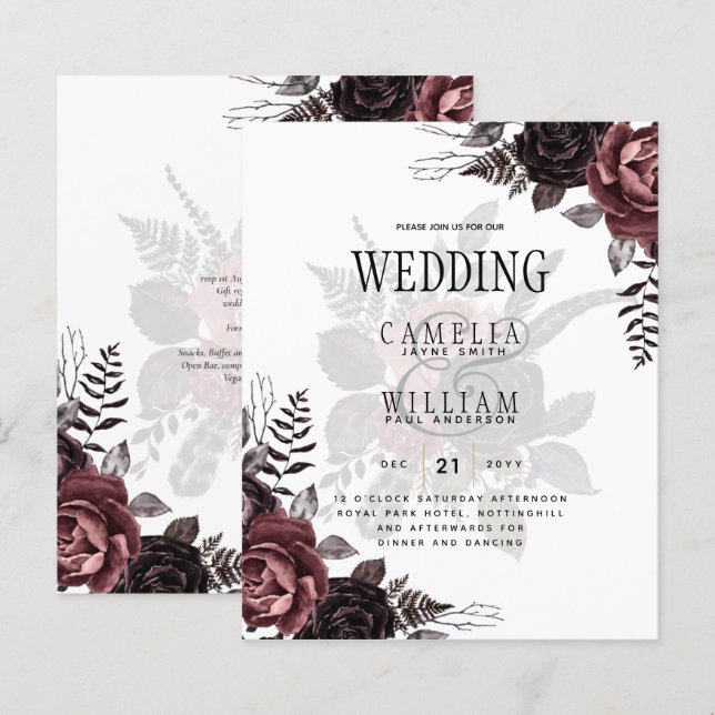 Papier Roses noirs de Bourgogne foncée Mariage automne hi (Devant / Derrière)
