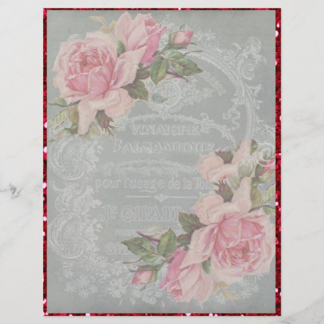 Papier Roses roses sur Gris avec Parties scintillant roug (Devant)