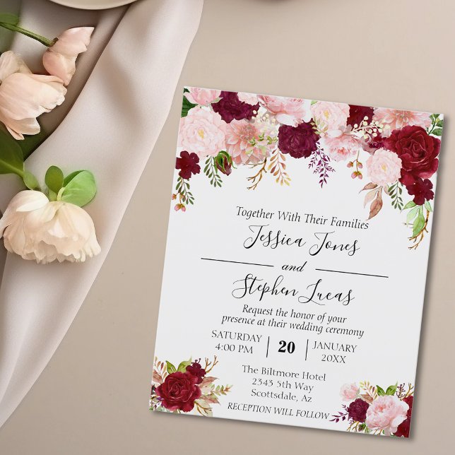 Papier Rouge rosé de Bourgogne Fleurs aquarelles Invitati (Créateur téléchargé)