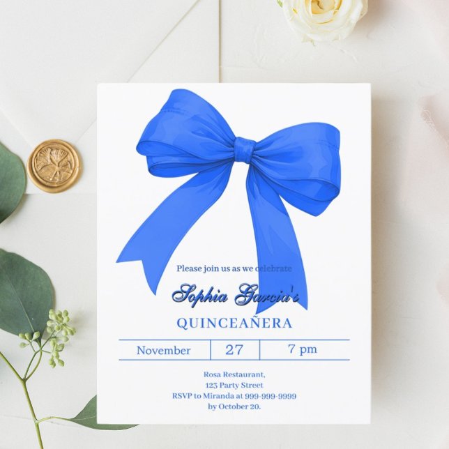 Papier Royal blue white bow Quinceanera invitation (Créateur téléchargé)