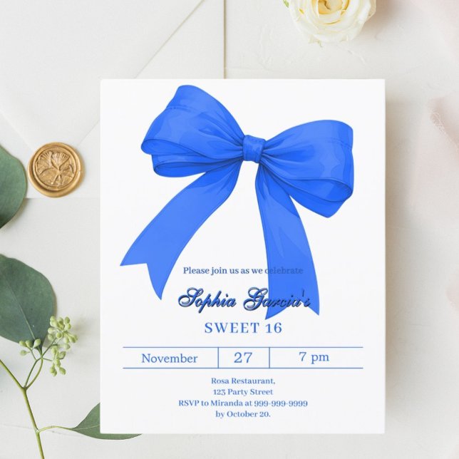 Papier Royal blue white bow SWEET 16 invitation (Créateur téléchargé)