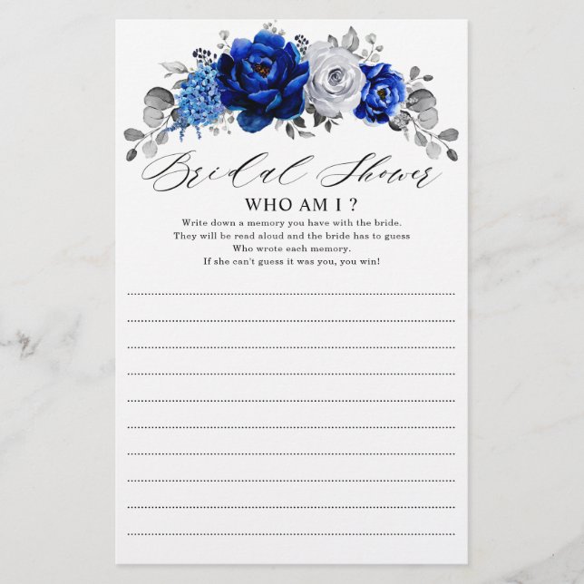 Papier Royal Blue White Silver Floral Qui Suis-Je Jeu (Devant)
