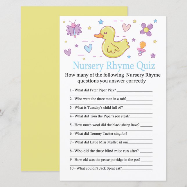 Papier Rubber canard Nursery Rhyme Quiz jeu de baby showe (Devant / Derrière)