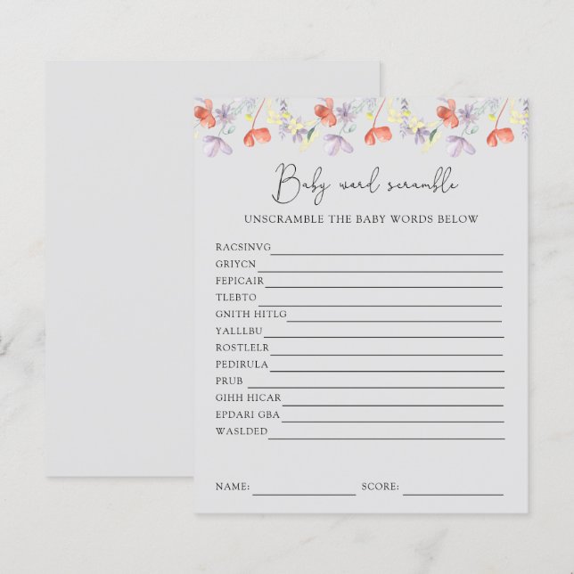 Papier Rubrique de mots fleur sauvage | Jeu Baby shower (Devant / Derrière)