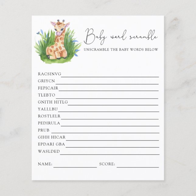 Papier Ruée de mots de girafe | Jeu Baby shower (Devant)
