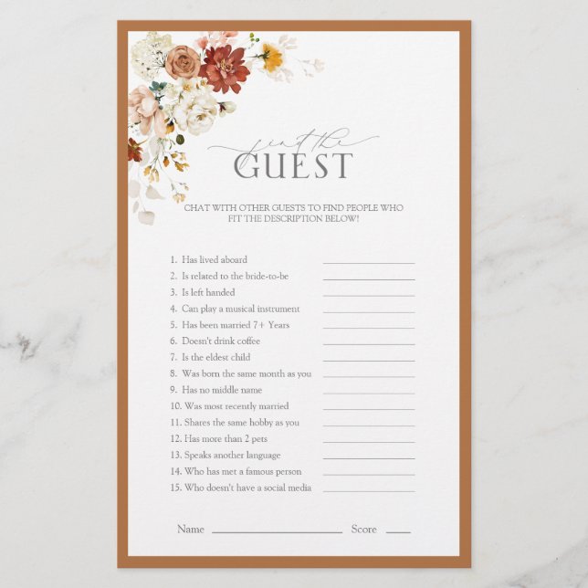 Papier Rust Orange Aquarelle Florale Fête des mariées Jeu (Devant)
