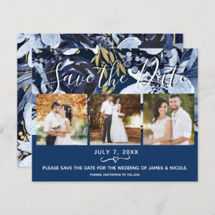 Papier Rustic Blue & Gold Floral Photo Enregistrer la dat