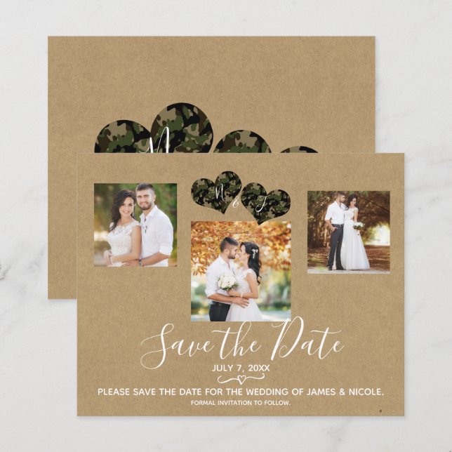 Papier Rustic Camo Hearts Photo Wedding Enregistrer la da (Devant / Derrière)