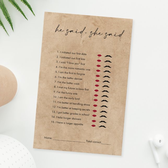 Papier Rustic Kraft Il Dit Qu'Elle A Dit Fête des mariées (rustic kraft he said she said bridal shower game)
