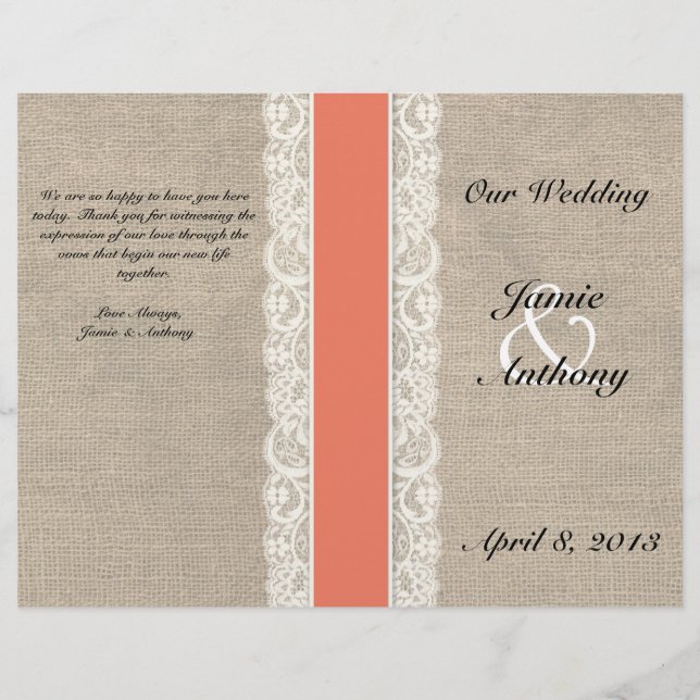 Papier Rustic Lace & Burlap Coral Ribbon Wedding Programm (Devant)