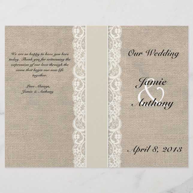Papier Rustic Lace & Burlap Ivory Ribbon Wedding Programm (Devant)