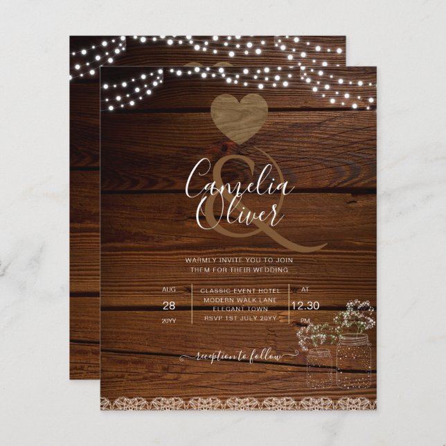 Papier Rustic Mason Jars Lumières Dentelle Gypsophilie MA (Devant / Derrière)