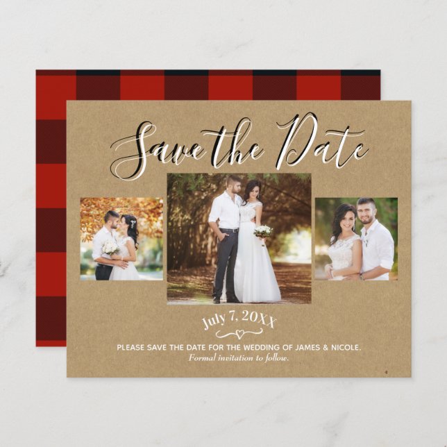 Papier Rustic Red Kraft Buffalo Plaid Photo Enregistrer l (Devant / Derrière)