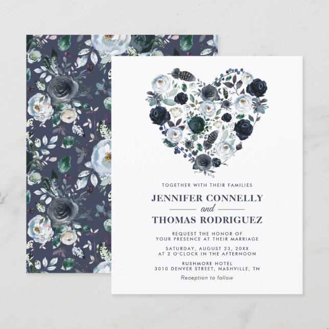 Papier Rustique bleu floral Faire-part de mariage budget  (Devant / Derrière)