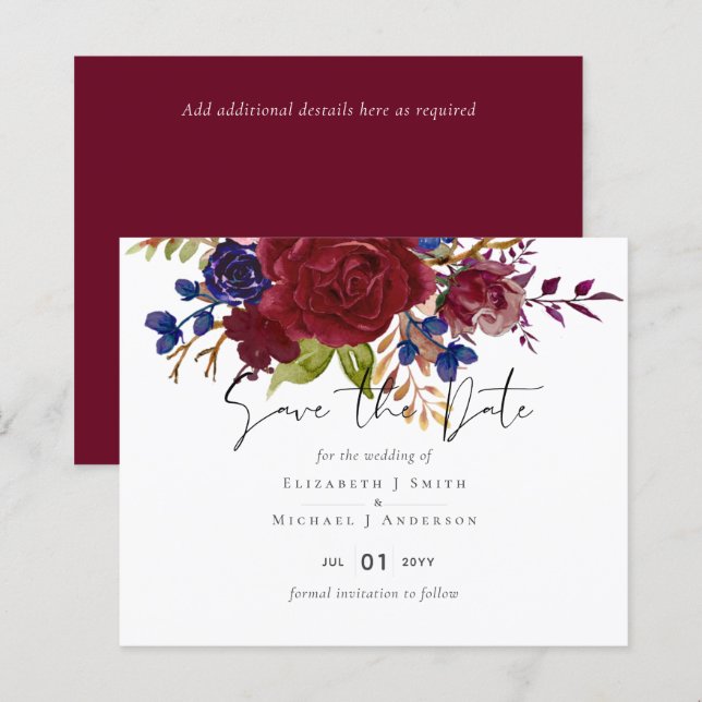 Papier Rustique Bourgogne Bleu Floral Budget Mariage Invi (Devant / Derrière)