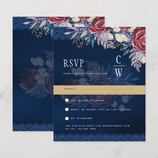 Papier Rustique Bourgogne bleu Floral Dentelle Mariage RS (Devant / Derrière)