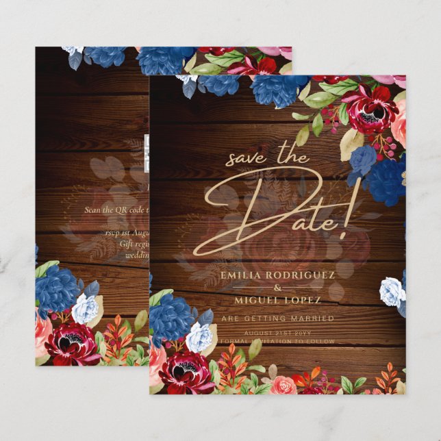Papier Rustique Bourgogne Bleu Floral Mariage ENREGISTRER (Devant / Derrière)