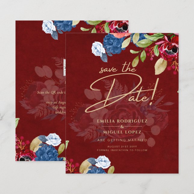 Papier Rustique Bourgogne Bleu Floral Mariage ENREGISTRER (Devant / Derrière)