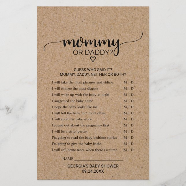 Papier Rustique Faux Kraft Calligraphie Mommy ou Daddy Je (Devant)