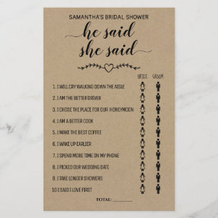 Papier Rustique Il dit qu'elle dit douche jeu bilingue