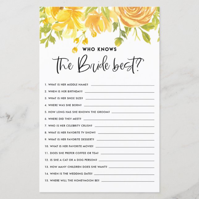 Papier Rustique Jaune Floral Whi connaît la mariée meille (Devant)