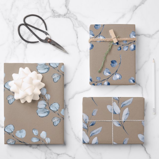 Papier Rustique Kraft Bleu Eucalyptus Sprigs (Recto)